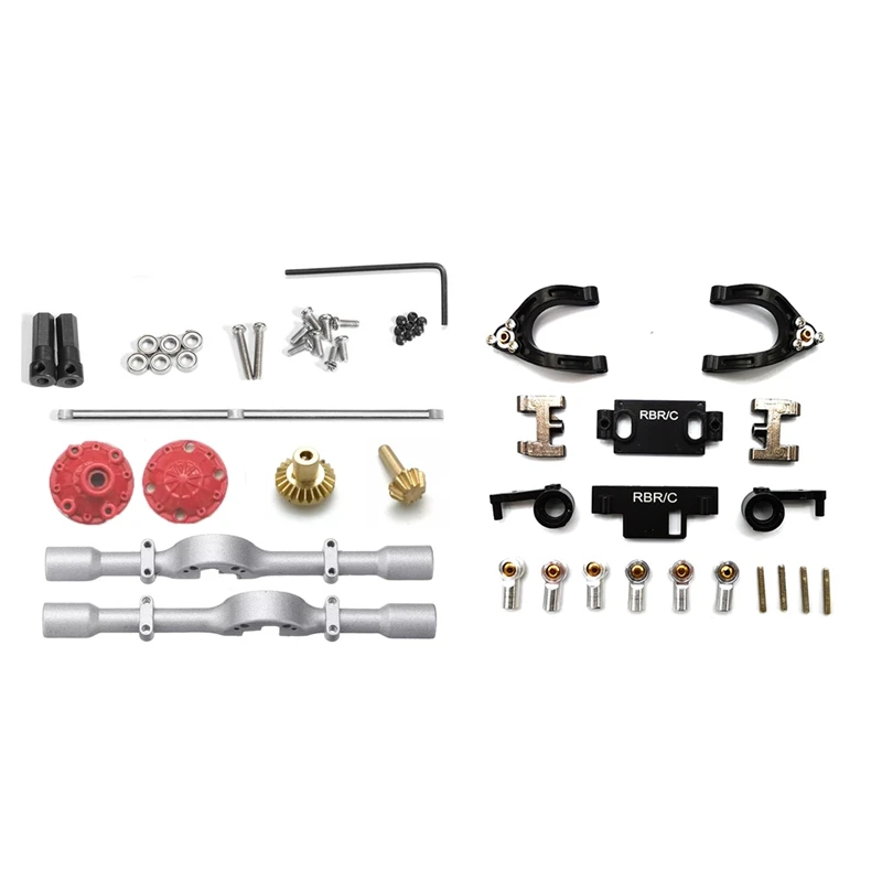 

For WPL D12 Metal Upper Lower Swing Arm Steering Cup Knuckle Set Black & Metal Rear Bridge Axle with Gear Silver
