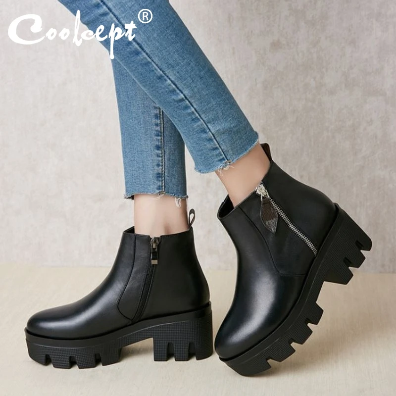 Coolcept/Зимние ботильоны теплая обувь из натуральной кожи на молнии с круглым