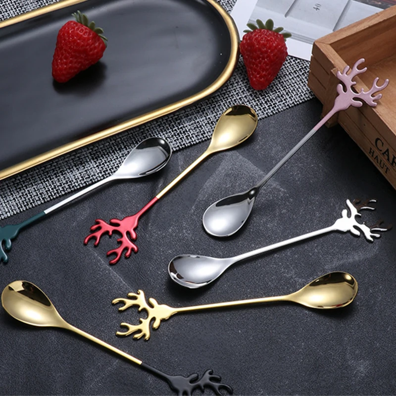 

Deer Head Shape 304 Stainless Steel Stirring Spoon Romantic Christmas Elk Coffee Dessert Spoon Exquisite Tableware Gift box Set