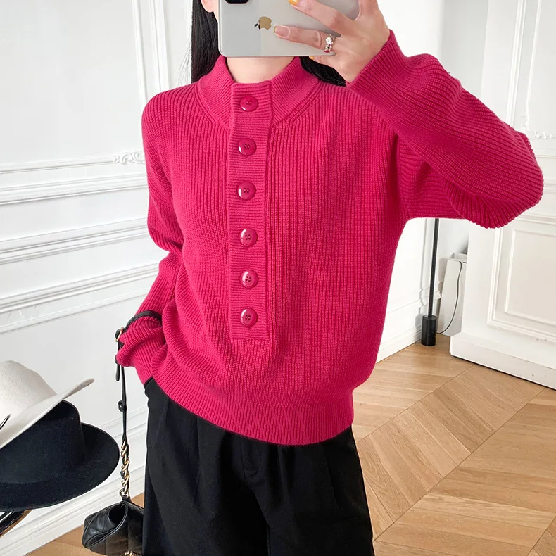 

autumn and winter new items same three-color placket cardigan pullover long-sleeved sweater women's small standup collar sweater