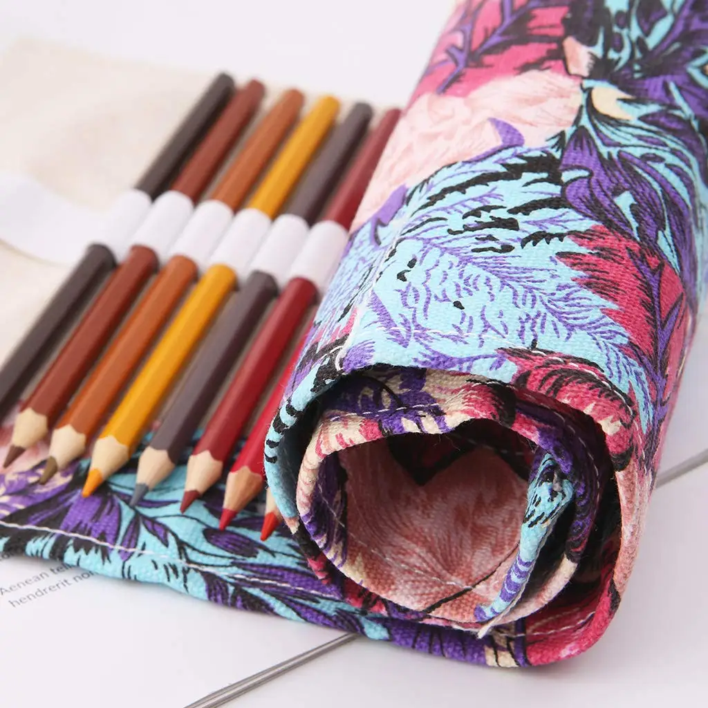 Handmade Canvas Flowers Leaf Plant Style Colored Pencils Wrap 12-72 Holes Roll Up Pen Holder Case Cute and Multi-Purpose