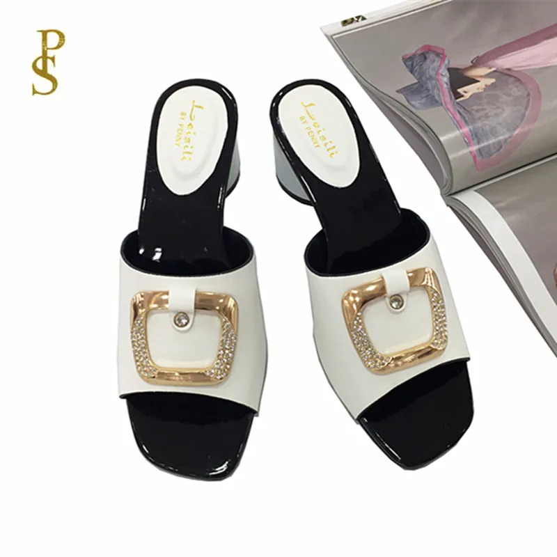 Женская обувь на высоком каблуке шлепанцы с металлическими пряжками в