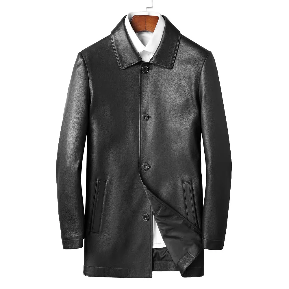 Genuine Goat Skin Leather Jacket Men Formal Business Slim Leather Coats Black Luxury Deer Printing Leather Clothing