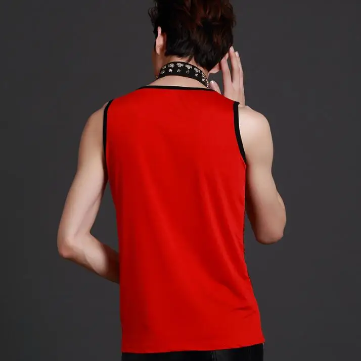 

Free shipping Nightclub male singer DS slim sequined red vest costume Bar Fashion Stitching Men stage trend Vests