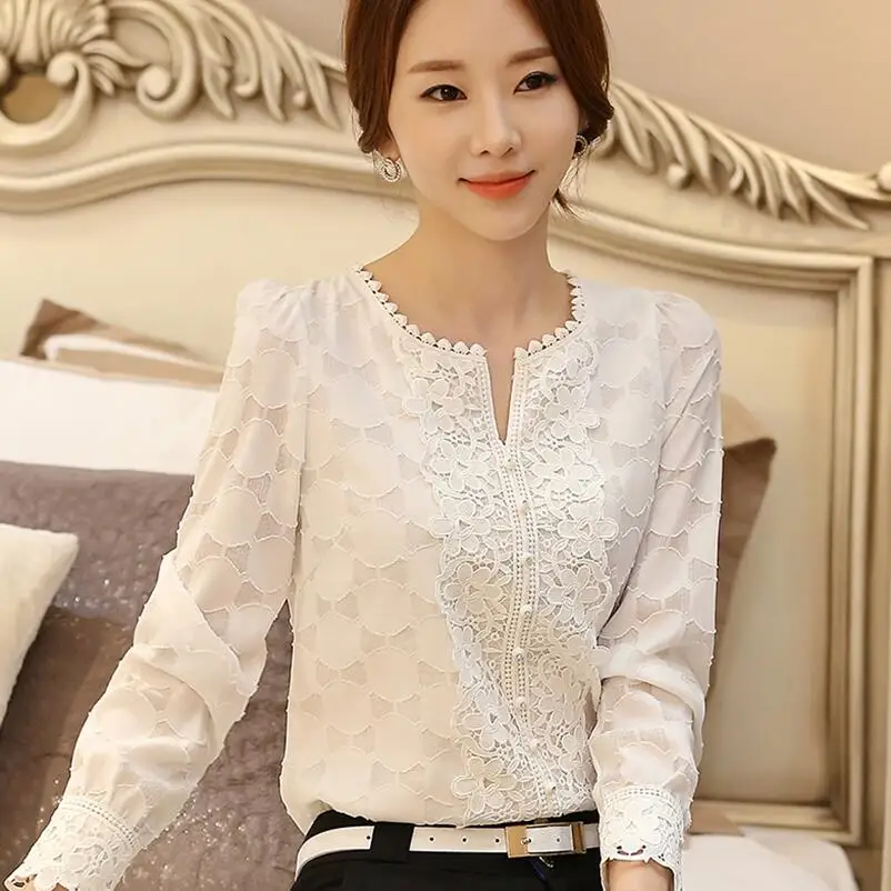 Женская кружевная блузка с длинным рукавом белая цветочным принтом новинка