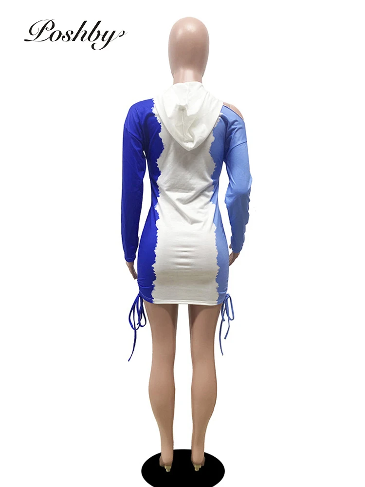 

Poshby Hooded Drawstring sweater Dress Sexy Stitching Color Evening Party Skinny Mini Dress Long Sleeve Fall Winter Ruched Robe