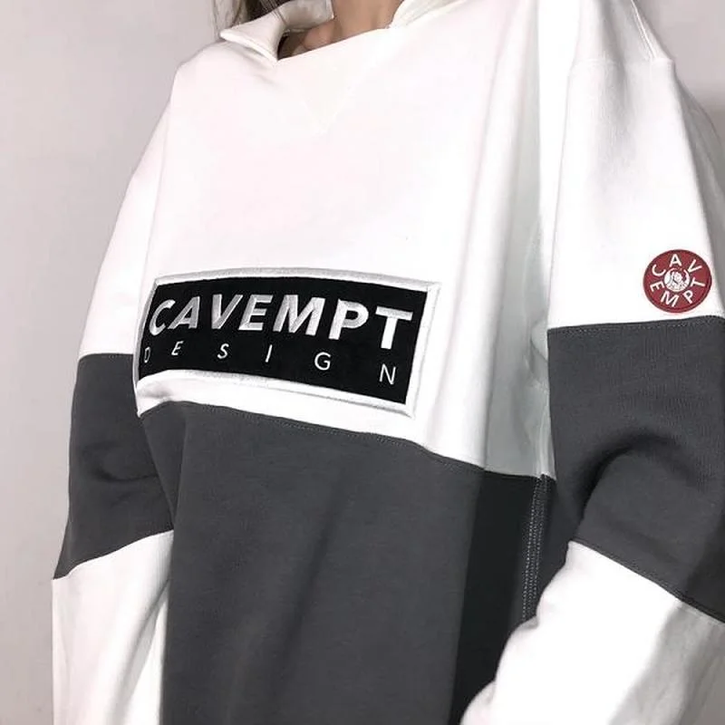 

22SS Stand-up Collar Stitching Logo Embroidery Cavempt Hoodies Men Women EU Size 100% Cotton Cavempt Pullover Streetwear Goth