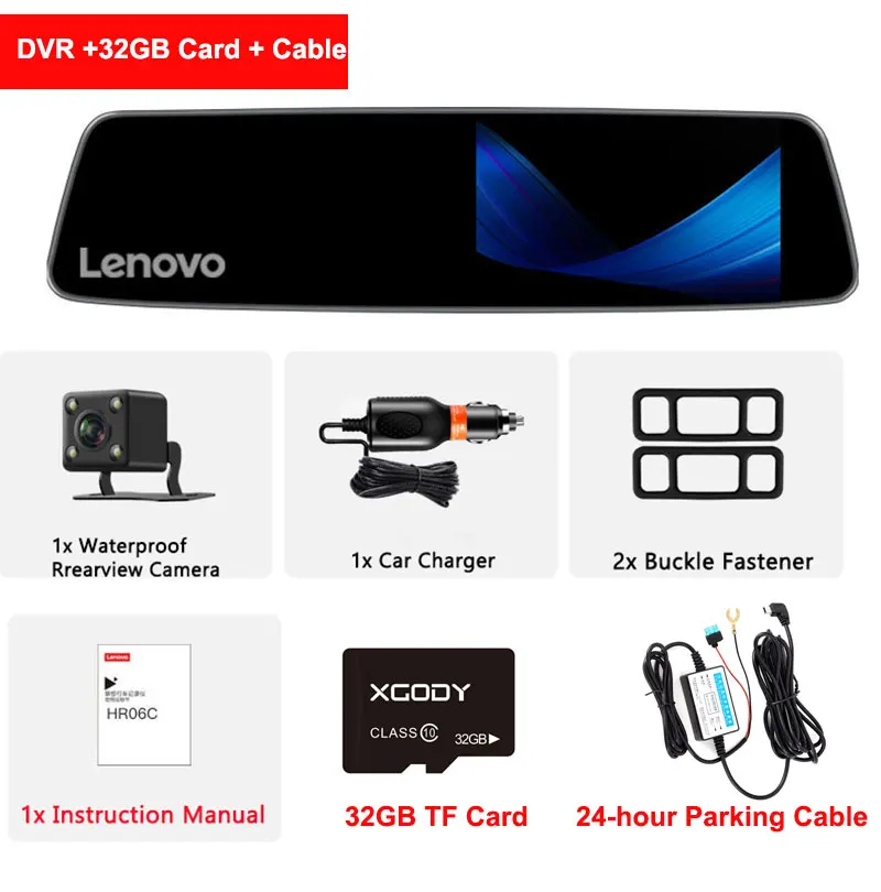 DVR Add Cable-32GB Оригинальное lenovo 4,3 ''зеркало заднего вида с 16 Гб TF камерой, видеорегистратор Full HD 1080P ips, сенсорный экран, ночное видение, Автомобильные видеорегистраторы, видеорегистраторы - Название цвета: DVR Add Cable-32GB
