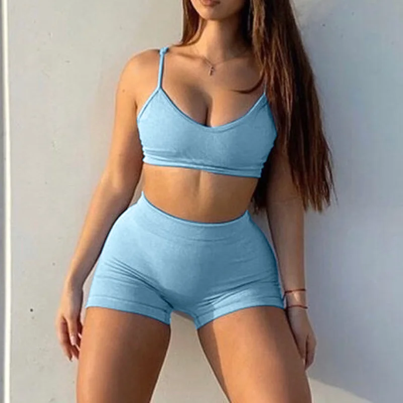 

Summer Casual Solid Women's Sport Shorts Sets Sexy Camisole And High Waist Pant 2 Piece Set Women Streetwear Lady Tracksuit Suit
