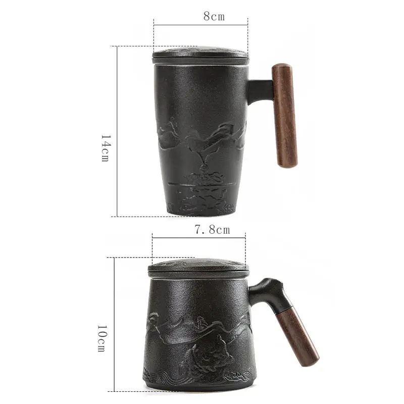 

Ceramic Tea Mug with Cover and Filter Office Large Capacity Creative Retro Teacup Separation Wooden Handle Black Water Cup