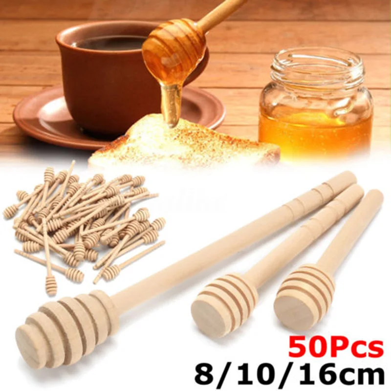 50X деревянный Мёд ковш деревянная палочка для перемешивания Stick ложка Dip Drizzler 8/10/16