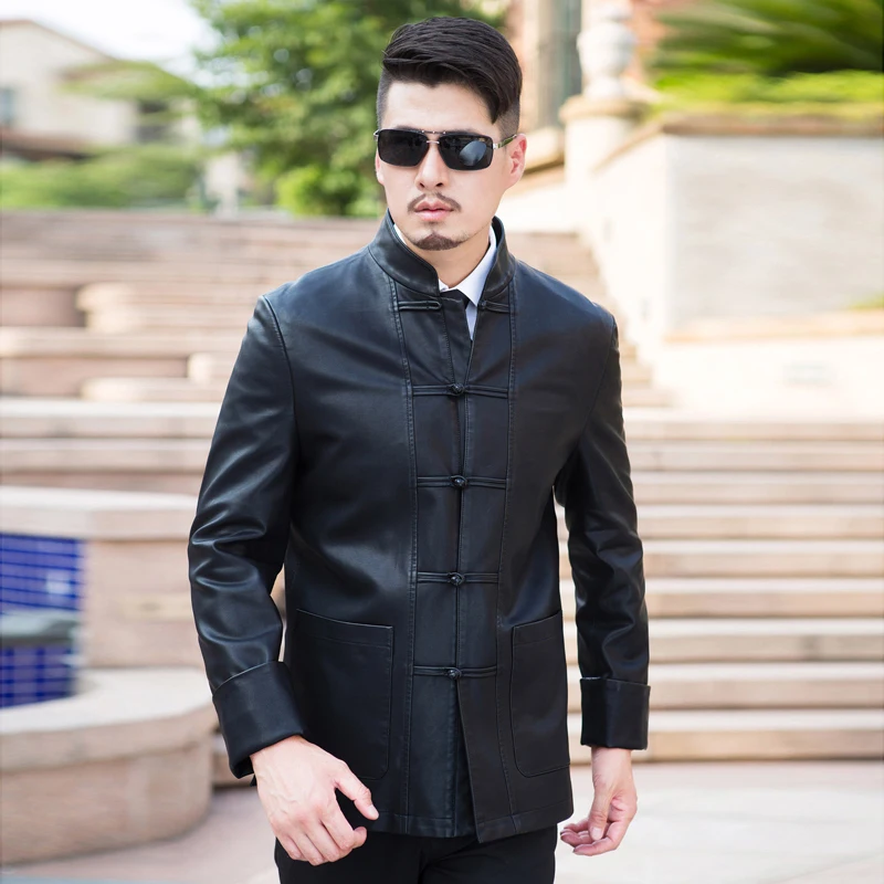 

Male Brand Clothing Traditional China Mens Faux Leather Jackets Spring Slim Fit Black Mens Leather Coats Horn Button C530