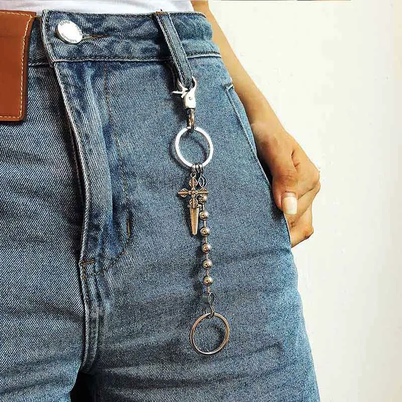 

Punk Hip Hop Pants Short Chain Hipster Trousers Chain Jeans Cross pendant Keychains Fashion Women Men Jewelry Accessory