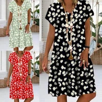 casual women daisy print dress summer short sleeve v neck dress laies knee length loose beach dressloose