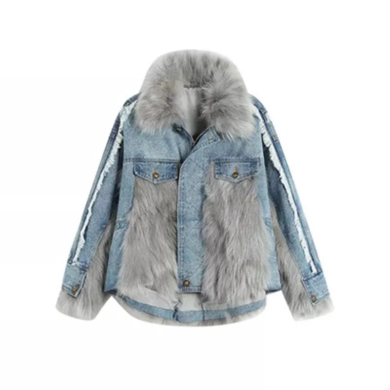 

Fashion Women's Denim Fur Patchwork Thick Warm Coat Fur Collar Winter Outwear Casual M5