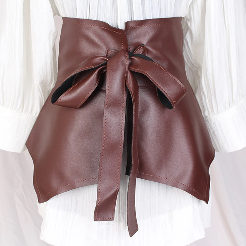 Ultra Wide Cummerbunds Women Skirt Peplum Belt 1cs New Self-tie Knotted Waistband Corset Belt PU Leather Ruffle Belt Solid Color