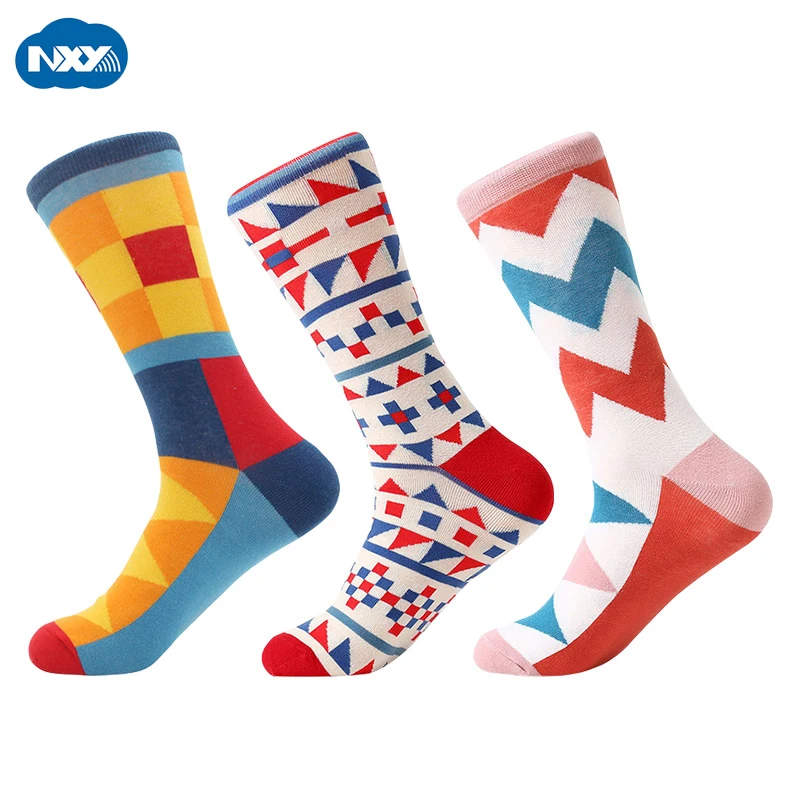 

Носки NXY мужские геометрические, хлопковые длинные, в стиле пэчворк, смешные повседневные сумасшедшие для скейтборда, для скейтборда