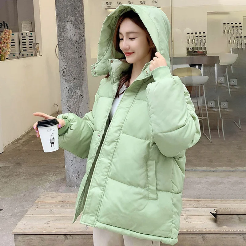 

Short Women's Winter Jackets Oversized Solid Loose Parkas Woman Stand Collar Thick Cotton Padded Hooded Casual Overcoat Female