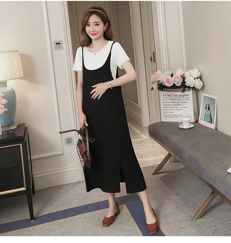 1927# 2PCS/Set Summer Korean Fashion Maternity Long Dress Sexy Sweet Side Splits Sling Dress for Pregnant Women Pregnancy Shirt
