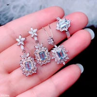 925 sterling silver natural aquamarine ring pendant earrings 3 piece suit female models translucent pure new geometric square su