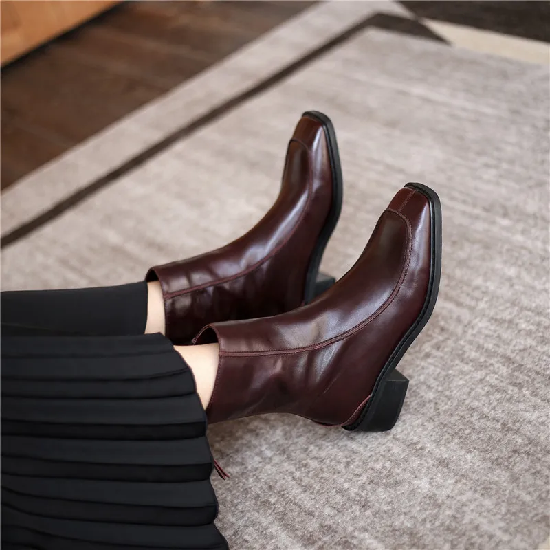 

2020 Autumn Winter New British Retro leather Ankle Boots Square Toe Thick Heel High Top Simple Fashion Women Shoes Botines Mujer