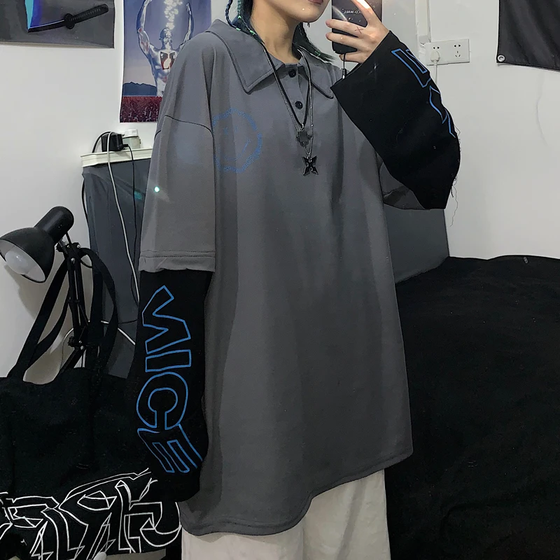 

Korean style Harajuku turn-down collar patchwork long sleeve pullover and Hoodies Women's Clothing ins Sweatshirts Female new