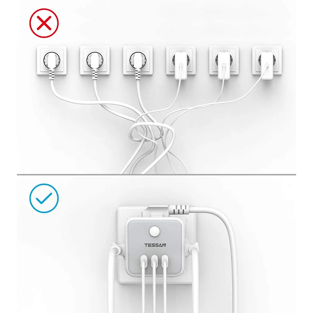 

TESSAN Smart Plug for Home EU Plug Power Adapter Protable Power Strip with Swtich 3 EU Outlets 2 USB Charging Stations