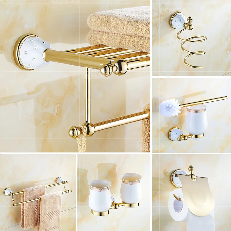 bath accessories set diamond inlaid bath towel rack gold bathroom shelf luxury towel holder metal bathroom hardware set free global shipping