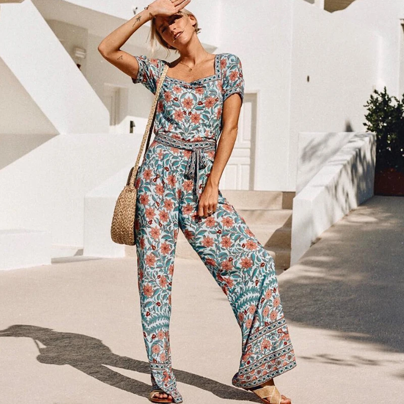 Женский комбинезон в стиле бохо TEELYNN голубой из искусственного шелка с цветочным