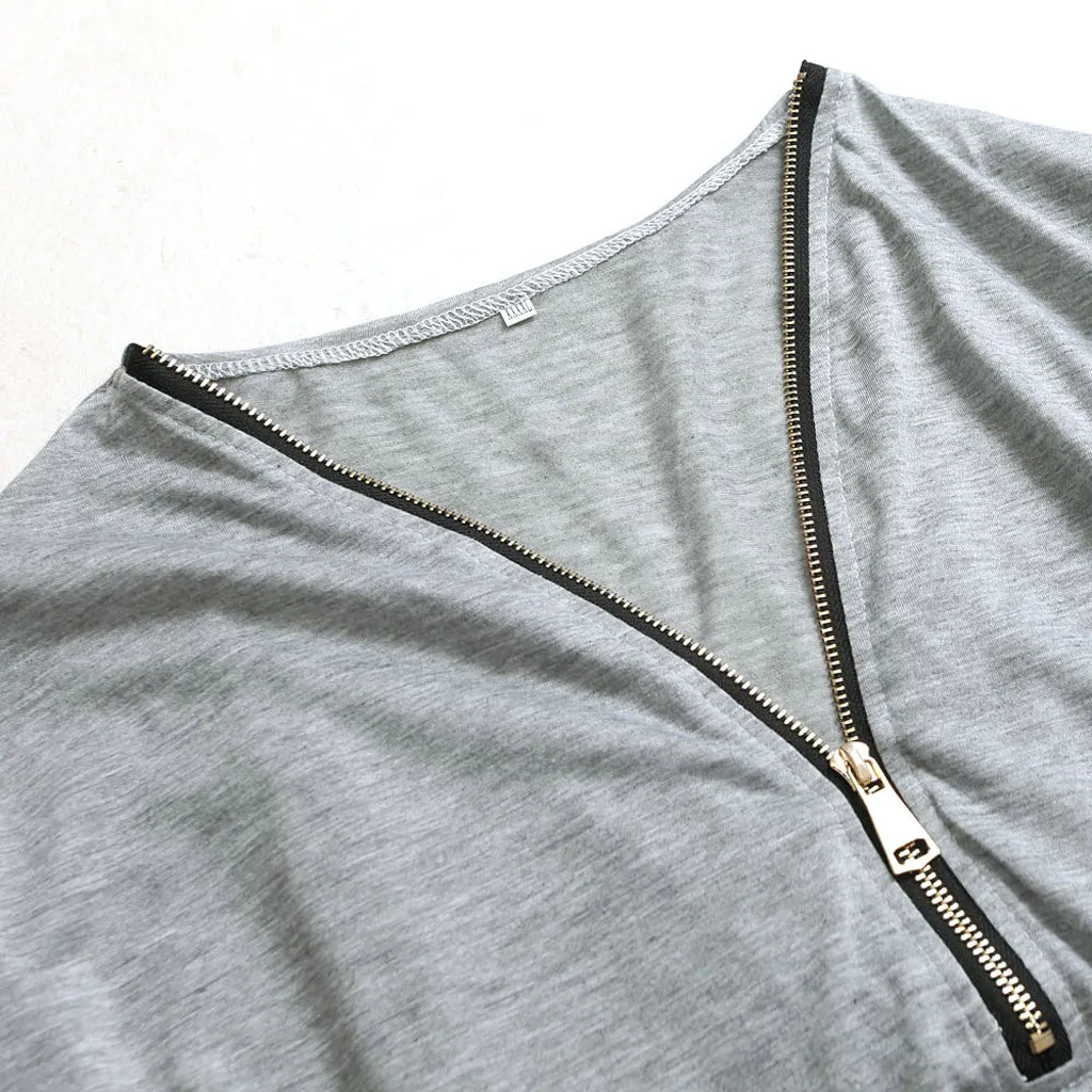 Женская футболка на молнии с глубоким v-образным вырезом Однотонная длинными