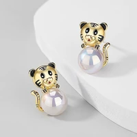 new s925 silver needle cute tiger pearl earrings for woman unusual earrings women jewelry stud earrings accessories for women