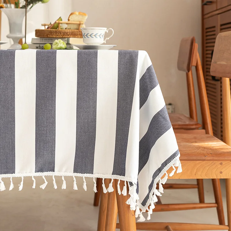 

Home Dining Table Cloth Restaurant Stripes Print Rectangular Cloth With Tassel kitchen Decorative Nordic Style Tablecloth