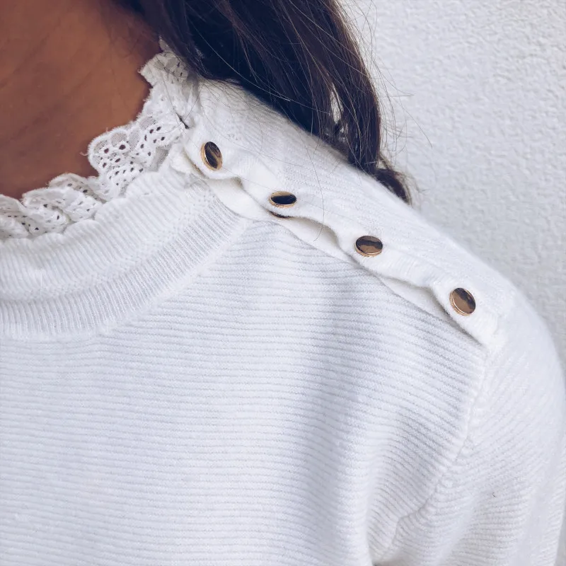 

FALL/WINTER Nice Pop lace patchwork pleated o-neck shoulder buckle elegant pullover sweater grey and White Blazer
