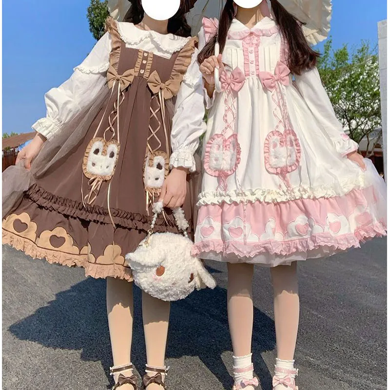 Japanese Lolita Jsk Dress Women Sweet Sleeveless Cute Cartoon Rabbit Ruffles Sleeveless Princess Dress Soft Girl Bow Party Dress