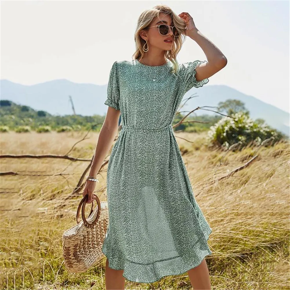 

Casual Green Print Women Dress Summer Holiday Style V-Neck Lace Flared Sleeve Dresses Ruffled Short-sleeved Floral Dress