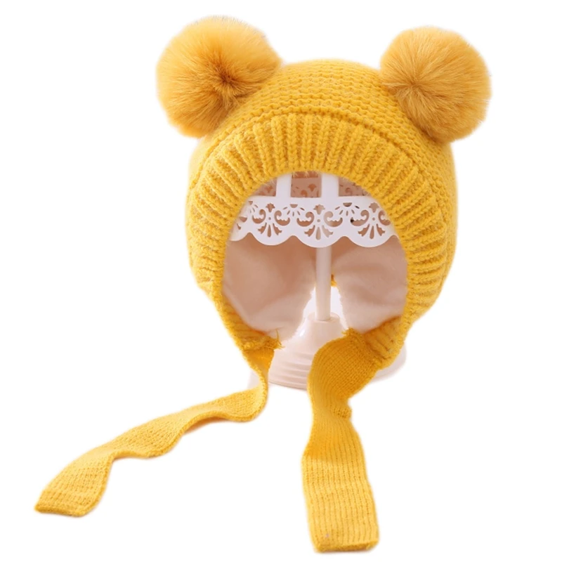 

Kids Baby Knitted Beanie Hat Cute Double Pompom Ears Thicken Thermal Warm Plush Lined Earflap Skull Cap with Chin Strap