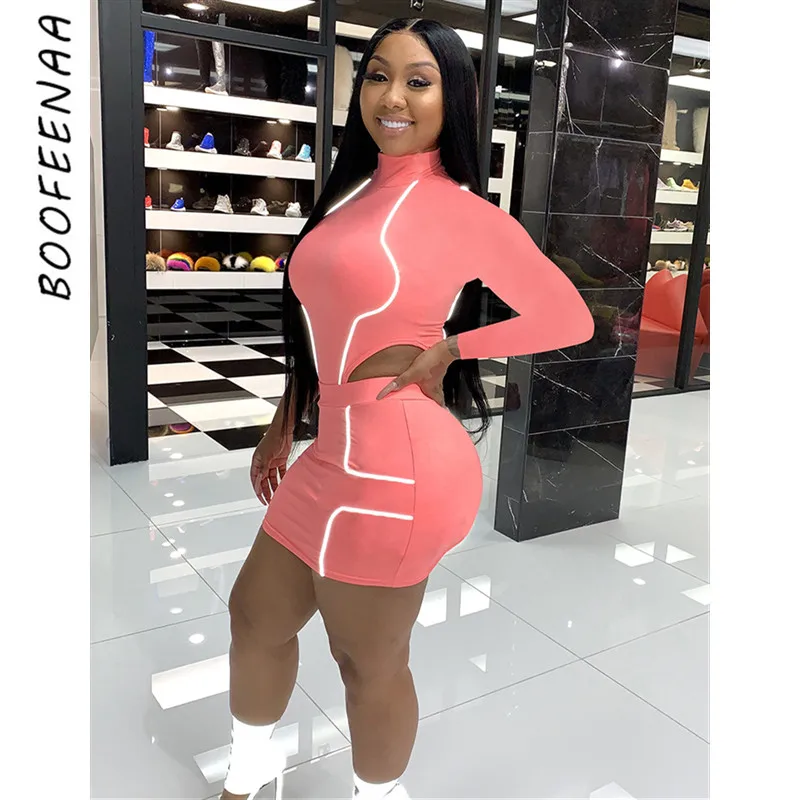 BOOFEENAA Сексуальная Светоотражающая юбка из двух частей набор клубной одежды