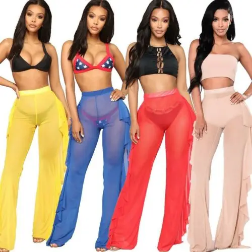 

Sexy Women High Waist Long Pants See-through Sheer Flared Ruffle Mesh Beach Long Pant Summer Casual Transparent Trouser