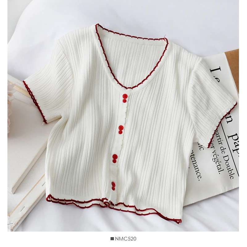 

Abrini Women T-shirts Knitted Crop Tees Cute Sweet Buttoned Up Elasticity V-Neck Solid Casual Preppy Style T-shirts 2021 Autumn