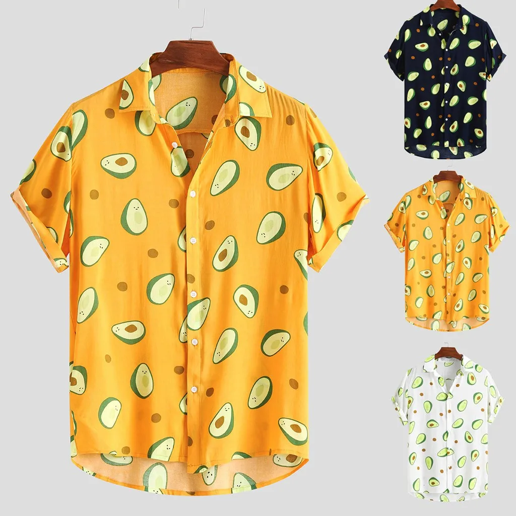 

Hawaiian Shirts Mens Funny Avocado Printed Turn Down Collar Short Sleeve Casual Shirts Men Button Streetwear Beach Shirts Blouse