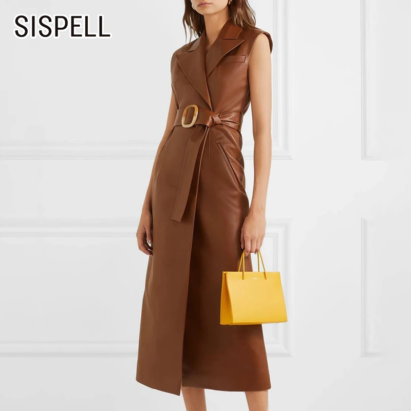 Женское платье из искусственной кожи SISPELL воротник с лацканами без рукавов