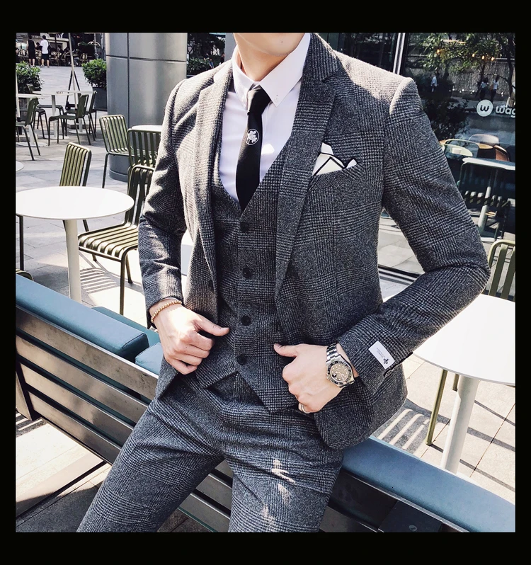 Мужской деловой костюм, официальный смокинг, мужские костюмы, Casacas Hombre Azul Terno Preto, облегающие Серые Ретро костюмы в клетку для мужчин