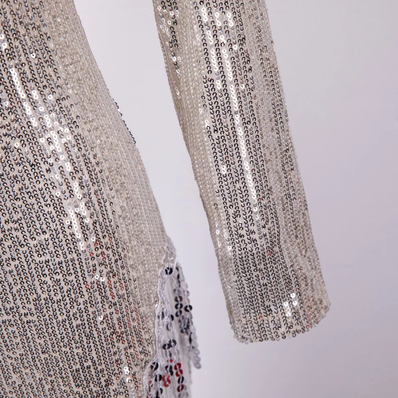 

Deep V-neck Long sleeve Sequin dress women sexy Split tassel long maxi dress