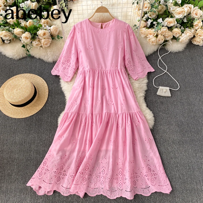 

Summer Clothes For Women Dresses 2021 Casual Sweet Embroidery Lace Dress Round Neck Short Sleeve Cozy Loose Midi Dress
