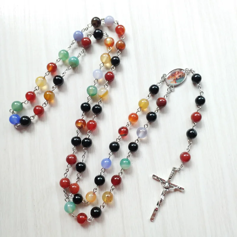 QIGO ожерелье из красочного камня длинный крест с подвеской католические молитвы