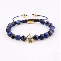 new design natural stone beads faceted blue tiger eye cz helmet charm macrame adjustable bracelet men