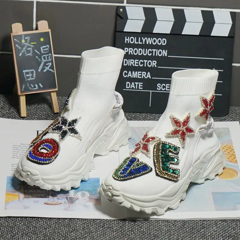 

Новинка 2021 тяжелые Промышленные эластичные вязаные носки со стразами и надписью, брендовая повседневная женская обувь с высоким верхом