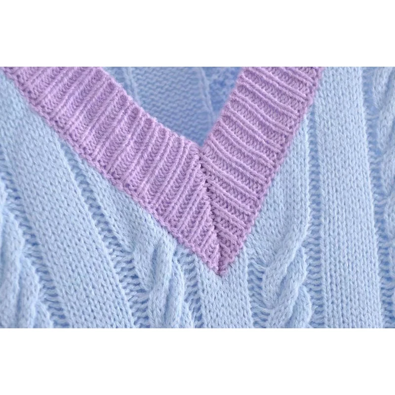 

Foridol Twist Knitted Waistcoat Women Sweater Vest V Neck Slevveless Autumn Winter Cropped Vest Blue Slim Fit Pullovers 2021