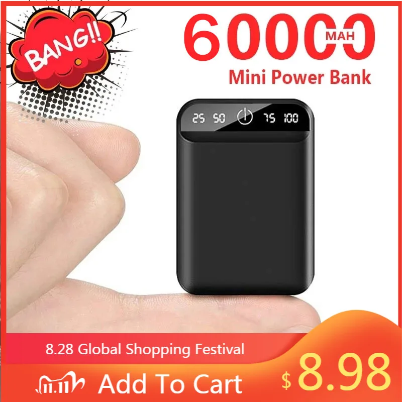 

Mini Portable Power Bank With Dual USB Ports Outdoor Emergency External Battery 60000mAh Power Bank For Xiaomi Samsung Lphone