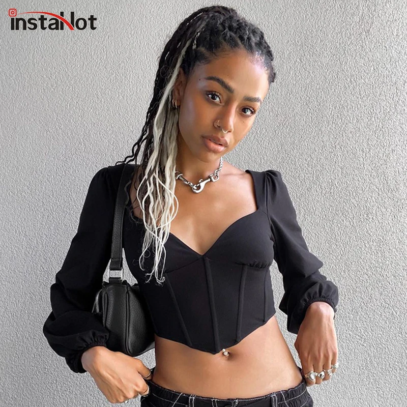 

Sold Out Sexy Hollow Out Crop Top Women's Long Puff Sleeve Black Skinny Slim Elegant Casual Streetwear Party Female Clothing Tee